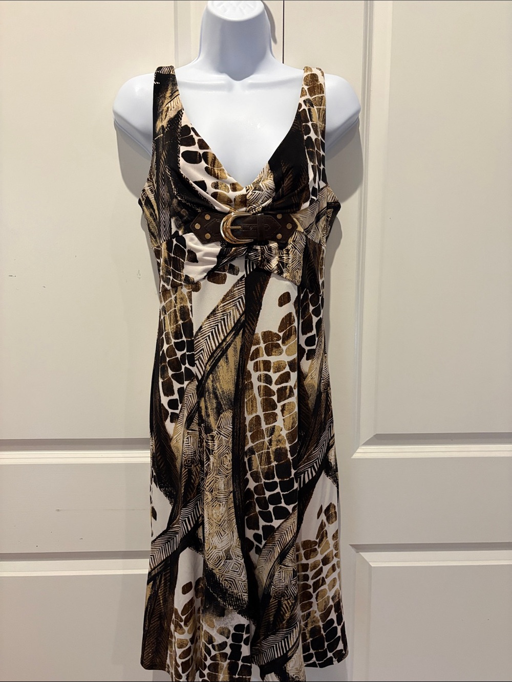 Joseph Ribkoff Brown and White Printed Midi Dress with Belt Detail Under Bust